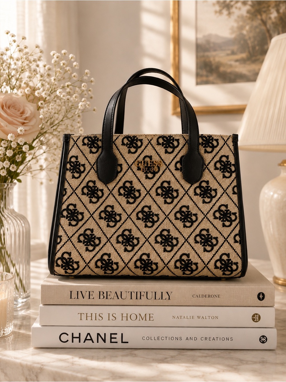 GUESS Silvana 2 Compartment Tote cream and black
